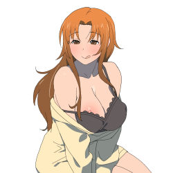  1girl black_bra bra breasts brown_eyes brown_hair cleavage highres large_breasts licking_lips nipple_slip nipples off_shoulder onsen_tamago_(hs_egg) partially_undressed simple_background sitting smile solo sweater takanashi_kozue tongue tongue_out underwear upper_body v_arms white_background working!! yellow_sweater  rating:Questionable score:51 user:danbooru