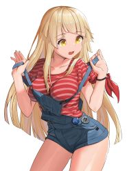 1girl 33zuku :o absurdres badge bang_dream! bare_legs blonde_hair breasts cowboy_shot denim diagonal_bangs highres huge_filesize leaning_forward lifted_by_self long_hair looking_to_the_side medium_breasts open_mouth overall_shorts overalls pulled_by_self red_shirt shirt short_sleeves sidelocks simple_background solo standing strap_lift strap_pull striped_clothes striped_shirt t-shirt teeth thighs tsurumaki_kokoro upper_teeth_only very_long_hair white_background wristband yellow_eyes