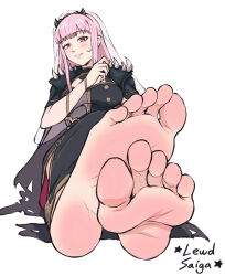 1girl absurdres barefoot blush feet foot_focus highres hololive hololive_english lewdsaiga long_hair looking_at_viewer mori_calliope mori_calliope_(1st_costume) pink_hair red_eyes simple_background sitting smile soles solo toes torn_clothes virtual_youtuber white_background rating:Sensitive score:99 user:FabricioDias