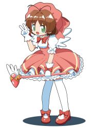  1girl antenna_hair beret bow bowtie brown_hair cardcaptor_sakura chibi cocia_(kosianko) commentary dress footwear_bow frilled_dress frills full_body fuuin_no_tsue glove_bow gloves green_eyes hashtag-only_commentary hat highres holding holding_wand kinomoto_sakura looking_at_viewer magical_girl multicolored_clothes multicolored_dress pink_dress pink_hat puffy_short_sleeves puffy_sleeves red_bow red_bowtie red_footwear shadow short_hair short_sleeves simple_background solo standing tachi-e thighhighs two-tone_dress v wand white_background white_dress white_gloves white_thighhighs white_wings wings 