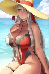  1girl bad_id bad_tumblr_id bare_shoulders beach breasts cleavage cloud collar collarbone day granblue_fantasy grey_hair hat hat_ribbon highres hip_focus huge_breasts long_hair looking_at_viewer lvl_(sentrythe2310) magisa_(granblue_fantasy) navel purple_eyes raised_eyebrows red_ribbon ribbon shadow signature sitting skindentation smile solo sweat swimsuit thick_thighs thighs very_long_hair water  rating:Sensitive score:109 user:danbooru