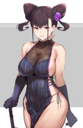 1girl bad_id bad_twitter_id bare_shoulders black_dress blush breasts brown_hair cone_hair_bun covered_navel cross-laced_clothes double_bun dress elbow_gloves fate/grand_order fate_(series) gloves hair_bun highres hip_focus large_breasts looking_at_viewer murasaki_shikibu_(fate) purple_eyes ribbed_dress sideboob smile sola_(solo0730) solo two_side_up rating:Sensitive score:32 user:danbooru