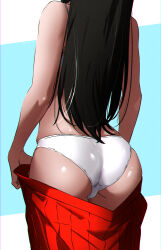  1girl absurdres arms_at_sides ass ass_focus back black_hair bra clothes_pull facing_away from_behind fukou head_out_of_frame highres long_hair panties pleated_skirt pulling_own_clothes red_skirt skirt skirt_pull solo straight_hair tohno_akiha tsukihime underwear undressing white_bra white_panties  rating:Sensitive score:17 user:danbooru