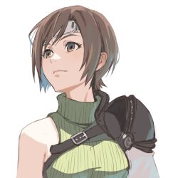  1girl belt_buckle brown_eyes brown_hair buckle chest_belt closed_mouth decoponmagi detached_sleeves final_fantasy final_fantasy_vii final_fantasy_vii_rebirth final_fantasy_vii_remake green_sweater headband highres looking_to_the_side looking_up ribbed_sweater short_hair single_bare_shoulder single_detached_sleeve single_shoulder_pad sleeveless sleeveless_turtleneck solo sweater turtleneck turtleneck_sweater upper_body yuffie_kisaragi 