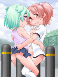  2girls ass bare_arms bare_shoulders blush bollard bottomless brown_eyes brown_hair camisole chain-link_fence cloud embarrassed feet_out_of_frame female_masturbation fence flat_chest green_hair hair_bobbles hair_ornament hug large_insertion leg_lock legs loli long_hair looking_at_viewer looking_to_the_side masturbation multiple_girls navel nipples no_bra no_panties object_insertion onnorefo07 open_clothes open_mouth open_shirt original outdoors ph-bu purple_eyes pussy_juice shirt short_hair short_sleeves skirt sky small_areolae small_nipples sweat thighhighs twintails two_side_up vaginal vaginal_object_insertion white_legwear white_shirt yuri  rating:Explicit score:157 user:danbooru