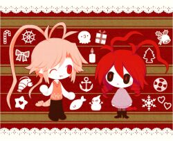 1boy 1girl anchor_symbol antenna_hair black_eyes black_footwear black_pants black_pantyhose boots bow candle candy candy_cane cherryblod_(funamusea) chibi christmas christmas_tree colored_skin drill_hair father_and_daughter fish food funamusea funamusea_(artist) gift heart lifebuoy lobco_(funamusea) lobster lobster_boy lobster_girl lobster_tail octopus official_art one_eye_closed oounabara_to_wadanohara pants pantyhose patterned_background pink_hair pink_sweater red_background red_eyes red_pupils red_sweater_vest ship&#039;s_wheel shirt sidelocks single_hair_intake smile snowflakes star_(symbol) sweater sweater_vest swim_ring tail twin_drills white_shirt white_skin yellow_background