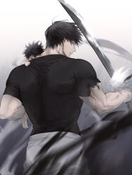  2boys a_meri_e22 absurdres back barefoot black_hair black_shirt blood blood_on_arm carrying carrying_person child cowboy_shot feet fushiguro_megumi fushiguro_touji gradient_background highres holding holding_sword holding_weapon jujutsu_kaisen looking_at_viewer looking_back male_focus monochrome multiple_boys muscular muscular_male pants red_eyes scar scar_on_face scar_on_mouth shirt short_sleeves sword torn_clothes torn_shirt two-tone_background weapon white_pants 