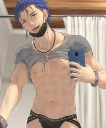 1boy abs black_male_underwear blue_hair bulge cellphone clothes_lift cu_chulainn_(fate) cu_chulainn_(fate/stay_night) erection erection_under_clothes fang fate/stay_night fate_(series) grey_shirt highres holding holding_phone indoors jewelry jockstrap male_focus male_underwear mask unworn_mask mondi_hl mouth_mask muscular muscular_male navel necklace nipples phone red_eyes seductive_smile shirt shirt_lift smartphone smile solo tongue tongue_out underwear rating:Questionable score:31 user:danbooru