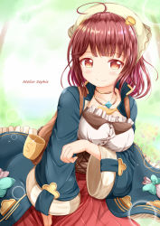  1girl ahoge atelier_(series) atelier_sophie blue_coat blush breasts brown_eyes brown_hair closed_mouth coat collarbone commentary_request copyright_name hair_ornament head_scarf highres long_hair long_sleeves looking_at_viewer medium_breasts open_clothes open_coat pleated_skirt red_skirt skirt smile solo sophie_neuenmuller wide_sleeves xenon_(for_achieve)  rating:Sensitive score:3 user:danbooru