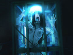  1girl against_glass backlighting black_hair blurry breast_press breasts breasts_on_glass drooling ghost ghost_girl highres horror_(theme) long_hair long_tongue medium_breasts night nipples no_eyes nude obj_shep open_mouth original pale_skin phone_booth saliva sharp_teeth solo teeth tongue very_long_hair  rating:Questionable score:57 user:danbooru