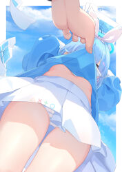 1girl absurdres arona_(blue_archive) blue_archive blue_background blue_hair blue_halo blue_shirt blue_sky blue_theme border breasts clothes_lift cloud commentary_request day dutch_angle flying_paper from_below hair_ribbon halo highres kuroida mixed-language_commentary outdoors outside_border panties paper pleated_skirt ribbon shirt shirt_lift skirt sky small_breasts standing striped_clothes striped_panties thighs underboob underwear upshirt upskirt white_border white_panties white_ribbon white_skirt rating:Questionable score:68 user:danbooru