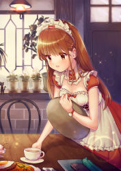  1girl absurdres book bow breasts brown_eyes brown_hair cellphone chair cleavage cleavage_cutout clothing_cutout coffee_cup cup dessert disposable_cup dress egg food fork frills heart highres ice_cream indoors latte_art leaning_forward maid original pasta pencil_case phone plant potted_plant red_bow red_dress sahara1127 short_sleeves small_breasts spaghetti spoon standing stuffed_animal stuffed_cat stuffed_toy table tray waitress watch window wristwatch  rating:Sensitive score:7 user:danbooru