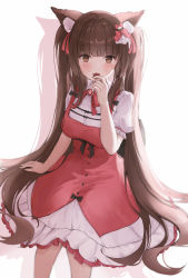  1girl absurdres animal_ear_fluff animal_ears blunt_bangs blush bow braid breasts brown_eyes brown_hair candy cat_ears cat_girl cat_tail chocola_(nekopara) dress eating fang food hair_bow hair_ornament hairclip highres jewelry lolita_fashion long_hair looking_at_viewer medium_breasts nekopara oguri_no_pan open_mouth red_dress simple_background solo tail twin_braids twintails  rating:Sensitive score:11 user:Fedfennel