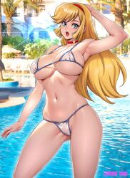  1girl arm_up armpits artist_name bare_shoulders bikini blonde_hair blue_eyes breasts choker collarbone commentary_request covered_erect_nipples cutie_honey cutie_honey_(character) hair_ornament hairband highres large_breasts lips long_hair looking_at_viewer navel open_mouth oyaman photo_background shiny_skin solo stomach swimsuit teeth thighs upper_teeth_only 