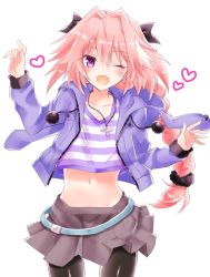  1boy :d astolfo_(fate) astolfo_(memories_at_trifas)_(fate) black_bow black_pantyhose black_scrunchie black_skirt blush bow braid casual commentary_request fang fate/apocrypha fate/grand_order fate_(series) hair_between_eyes hair_bow hair_intakes hair_ornament hair_scrunchie jacket lieco long_hair long_sleeves looking_at_viewer male_focus multicolored_hair navel official_alternate_costume one_eye_closed open_mouth pantyhose pink_hair purple_eyes purple_jacket scrunchie shirt single_braid skirt smile solo streaked_hair striped_clothes striped_shirt trap 