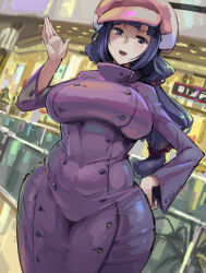  1girl blue_hair breasts cabbie_hat coat curvy freckles gundam gundam_build_fighters hand_on_own_hip hat impossible_clothes indoors kazo_(kazozakazo) large_breasts long_hair looking_at_viewer mihoshi_(gundam_bf) open_mouth ponytail solo thick_thighs thighs wide_hips 