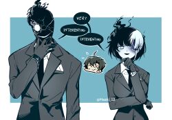  1boy 1girl absurdres arm_under_breasts black_gloves black_hair black_necktie black_suit black_suit_(blue_archive) blue_archive blue_background chibi chibi_inset collared_shirt commentary dual_persona english_text flying_sweatdrops formal genderswap genderswap_(mtf) gloves glowing glowing_eye hair_over_one_eye hand_on_own_chin highres long_sleeves looking_at_viewer maaki12 multicolored_hair muted_color necktie romaji_commentary sensei_(blue_archive) sensei_(blue_archive_the_animation) shirt simple_background smile speech_bubble split-color_hair suit sweatdrop twitter_username two-tone_background two-tone_hair upper_body watermark white_background white_hair white_shirt 