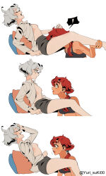  2girls absurdres blood blood_on_mouth breasts cunnilingus grey_hair gundam gundam_suisei_no_majo hair_over_shoulder head_back highres laughing licking_lips menstruation miorine_rembran multiple_girls open_clothes open_shirt oral ponytail red_hair short_hair simple_background skirt sports_bra suletta_mercury tongue tongue_out yuri yurisuki00  rating:Explicit score:41 user:danbooru