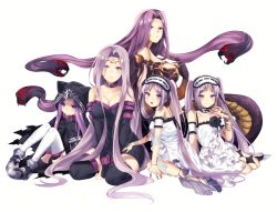  5girls bare_shoulders breasts choker closed_mouth collarbone dress euryale_(fate) fate_(series) frills gorgon_(fate) hairband large_breasts lolita_hairband long_hair looking_at_viewer medusa_(fate) medusa_(lancer)_(fate) medusa_(rider)_(fate) multiple_girls purple_eyes purple_hair rider seiza siblings sisters sitting small_breasts snake square_pupils stheno_(fate) thighhighs twins twintails very_long_hair yokozuwari  rating:Sensitive score:23 user:Viscous