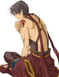  1boy back bad_id bad_pixiv_id black_hair brown_eyes frown full_body gensou_suikoden gensou_suikoden_i indian_style looking_back male_focus pants poripuropiren sandals shoulder_tattoo sitting solo tattoo tir_mcdohl true_rune white_background 