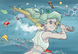  1girl aqua_hair banana_peel blue_background bottle_cap breathing can can_pull_tab capoeira66 cigarette_butt clothes_hanger clothes_pin crop_top disposale_fork dressed_in_trash drink_can drinking_straw fishing_hook fishing_line fishing_net gills grey_eyes holding holding_umbrella kimetsu_no_yaiba long_hair mahjong mahjong_tile mask mermaid monster_girl mouth_mask photo_(object) plastic_bottle portrait_(object) simple_background six-pack_rings soda_can solo steaming_body surgical_mask tank_top textless_version the_little_trashmaid tidy_(the_little_trashmaid) toothbrush toothpaste trash umbrella v-shaped_eyebrows white_tank_top yellow_umbrella 