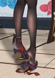  1girl absurdres ankle_ribbon black_footwear black_pantyhose chinese_commentary chiori_(genshin_impact) commentary_request dated exianble feet feet_only fine_fabric_emphasis foot_focus genshin_impact high_heels highres kneepits leg_ribbon legs lower_body pantyhose plantar_flexion red_ribbon ribbon shadow shoe_dangle shoes signature soles solo standing tatami tiptoes toes 