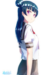 10s 1girl arms_at_sides artist_name asymmetrical_hair blue_hair blunt_bangs blush closed_mouth colored_eyelashes commentary_request cowboy_shot from_behind grey_skirt hair_bun long_hair looking_at_viewer looking_back love_live! love_live!_sunshine!! marshall_(wahooo) neckerchief pleated_skirt purple_eyes red_neckerchief school_uniform serafuku shirt simple_background single_hair_bun skirt solo standing tsurime tsushima_yoshiko white_background white_shirt rating:Sensitive score:5 user:danbooru