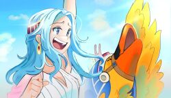 1girl animal bird blue_hair clenched_hand commentary_request crying crying_with_eyes_open dress duck earrings glint hat headband jewelry karoo_(one_piece) light_blue_hair long_hair looking_ahead nefertari_vivi one_piece open_mouth sidelocks sky spicynred tears upper_body white_dress 