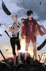  2boys bird black_hair black_legwear black_shorts bokuto_koutarou buun_ko cloud crossed_arms expressionless feathers full_body grey_hair haikyuu!! hand_on_own_hip jacket jacket_on_shoulders jersey knee_pads kuroo_tetsurou male_focus multicolored_hair multiple_boys outdoors red_shorts shoes shorts sky sneakers sportswear standing track_jacket two-tone_hair volleyball_uniform yellow_eyes 