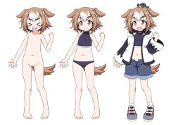  &gt;_&lt; 1girl :3 akou_roushi animal_ears arm_at_side bare_shoulders barefoot black_panties blush_stickers brown_eyes brown_hair cartoon_bone character_sheet clenched_hand closed_mouth clothes_on/clothes_off colored_tips commentary_request completely_nude crop_top dog_ears dog_girl dog_tail fang fang_out fangs female_focus flat_chest full_body grey_shorts hood hooded_jacket inuishi_kururi_(akou_roushi) jacket loli midriff multicolored_hair navel nipples no_pussy nude open_clothes open_fly open_jacket open_mouth original panties pigeon-toed shoes short_hair shorts simple_background sleeveless sleeveless_turtleneck small_nipples smile socks standing tail tareme turtleneck two-tone_hair underwear v-shaped_eyebrows variations white_background white_hair white_socks  rating:Questionable score:47 user:danbooru