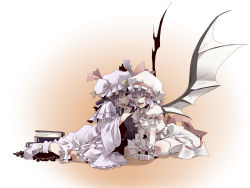  2girls bat_wings book chesed crescent closed_eyes female_focus happy hat long_hair multiple_girls patchouli_knowledge purple_hair remilia_scarlet sakira_(chesed) short_hair sitting smile embodiment_of_scarlet_devil touhou wings 