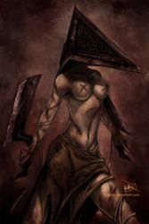  1girl breasts female_focus gender_request genderswap gradient_background great_knife pyramid_head scar silent_hill skirt solo weapon  rating:Sensitive score:53 user:kanethebane