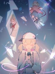 1girl :| asymmetrical_sleeves azusawa_kohane backwards_hat baseball_cap black_shirt blonde_hair blue_skirt closed_eyes closed_mouth facing_away facing_viewer glass_shards grey_hoodie grey_shirt grey_skirt hand_on_own_cheek hand_on_own_face hat highres holding holding_microphone hood hoodie itsuka_senaka_awase_no_lyric_wo_(project_sekai) itsuka_senaka_awase_no_lyric_wo_(project_sekai) jacket lens_flare long_sleeves looking_away microphone multiple_views music official_alternate_costume open_mouth pink_jacket project_sekai reflection rion sailor_collar school_uniform shirt short_twintails simple_background singing skirt smile striped thighhighs twintails uneven_sleeves white_headwear