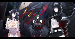  3girls ahoge albedo_(overlord) azur_lane bare_hips bare_shoulders bikini bikini_top_only black_feathers black_gold_saw black_hair black_rock_shooter black_wings blush breasts cleavage closed_mouth collarbone crossover demon_girl demon_horns demon_wings dishwasher1910 dress feathered_wings feathers friedrich_der_grosse_(azur_lane) gloves hair_between_eyes hair_over_one_eye highres hip_vent holding horns huge_weapon king_saw large_breasts letterboxed long_hair looking_at_viewer low_wings midriff multiple_crossover multiple_girls navel overlord_(maruyama) pale_skin panties red_eyes red_horns rigging shorts slit_pupils smile swimsuit sword underwear very_long_hair weapon white_dress white_gloves wings yellow_eyes  rating:Sensitive score:63 user:danbooru