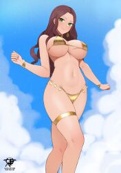  1girl alternate_costume artist_logo bikini blue_sky breasts brown_hair choker clenched_hands closed_mouth cloud commentary day dorothea_arnault earrings fire_emblem fire_emblem:_three_houses gold_bikini gold_bracelet gold_thighlet green_eyes highres jewelry kaos_art large_breasts long_hair looking_at_viewer multiple_bracelets navel nintendo outdoors skindentation sky smile solo stomach swimsuit thighlet thighs underboob  rating:Sensitive score:9 user:danbooru