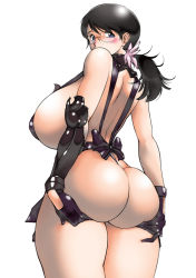 1girl apron ass ass_grab ass_hold black_hair blue_eyes blush breasts cattleya cattleya_(queen's_blade) curvy elbow_gloves g-string glasses gloves huge_ass huge_breasts lip_van_winkle looking_back mature_female naked_apron open_clothes panties plump ponytail queen&#039;s_blade short_hair sideboob simple_background solo thong underwear weapon_merchant_cattleya white_background wide_hips rating:Explicit score:55 user:mrchamon