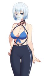 1girl absurdres aqua_hair arms_at_sides bad_id bad_pixiv_id bare_shoulders bikini bikini_top_only black_pants blue_bikini blue_eyes blue_hair breasts cleavage collarbone commentary cross cross_earrings earrings front-tie_bikini_top front-tie_top gluteal_fold gradient_hair hand_on_own_hip high-waist_pants highres jewelry large_breasts looking_at_viewer mask mouth_mask multicolored_hair navel original pants simple_background solo surgical_mask swimsuit tight_clothes tight_pants white_background woogi yoga_pants rating:Sensitive score:20 user:danbooru