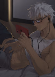 1boy archer_(fate) black-framed_eyewear black_pants blush boxer_briefs brown_eyes bulge cellphone closed_mouth clothed_masturbation clothes_lift clothes_pull commentary contemporary cowboy_shot earphones fate/stay_night fate_(series) glasses highres holding holding_phone indoors looking_at_phone male_focus male_masturbation male_underwear masturbation mondi_hl muscular muscular_male navel pants pants_pull phone reclining shirt shirt_lift sleeveless sleeveless_shirt solo twitter_username underwear white_hair white_shirt yin_yang rating:Explicit score:21 user:danbooru