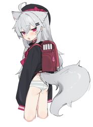  1girl ahoge animal_collar animal_ear_fluff animal_ears ass backpack bag bandaid bandaid_on_cheek bandaid_on_face bandaid_on_nose beret black_hat black_shirt blush book bow bowtie collar crime_prevention_buzzer cropped_legs fang fenrir_(fenriluuu) from_side grey_hair grey_panties grey_tail hair_between_eyes hair_ornament hairpin hat hat_bow highres loli long_hair looking_at_viewer looking_back no_pants open_mouth original panties pink_bow pink_bowtie pink_eyes puffy_sleeves randoseru red_bag red_collar rir-chan sailor_collar sailor_shirt school_uniform serafuku shirt simple_background sleeves_past_fingers sleeves_past_wrists solo standing striped_clothes striped_panties tail two-tone_panties underwear white_background white_panties wolf_ears wolf_girl wolf_tail 