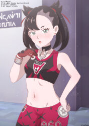  1girl :o absurdres asymmetrical_bangs black_choker black_hair breasts choker cowboy_shot creatures_(company) crop_top dynamax_band earrings game_freak gloves green_eyes hair_ribbon hand_on_own_hip hand_up highres jewelry light_particles marnie_(pokemon) midriff navel nintendo open_mouth pants pokemon pokemon_swsh red_pants red_ribbon ribbon single_glove small_breasts solo sports_bra stomach stud_earrings tak0baka tight_clothes tight_pants twintails undercut 