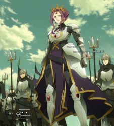  1girl absurdres armor clenched_hands closed_mouth crown earrings eyebrows facing_viewer hair_intakes highres jewelry lips mature_female mirelia_q_melromarc multiple_boys outdoors purple_eyes purple_hair queen scowl short_hair shoulder_armor skirt sky soldiers standing stitched stitching_marks tate_no_yuusha_no_nariagari third-party_edit  rating:Sensitive score:69 user:TheSuSMan