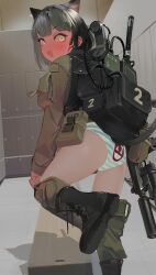  1girl absurdres animal_ears ass backpack bag black_footwear black_hair blush boots brown_jacket cat_ears cat_girl commentary english_commentary green_pants gun highres holding holding_gun holding_weapon indoors jacket locker locker_room looking_at_viewer looking_back military military_uniform original panties pants polilla short_hair solo striped_clothes striped_panties sweat underwear undressing uniform weapon yellow_eyes 
