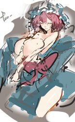  1girl blue_hat blue_kimono breasts cleavage closed_eyes commentary_request hat highres japanese_clothes kimono large_breasts mob_cap pink_hair po_(anhk5528) saigyouji_yuyuko short_hair signature sketch solo touhou 