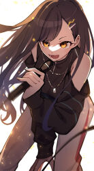  1girl absurdres black_shirt brown_hair clothing_cutout grey_pants hair_ornament hairclip highres holding holding_microphone jewelry long_hair long_sleeves microphone necklace open_mouth orange_eyes pants project_sekai shiraishi_an shirt solo tamago_sando  rating:General score:3 user:danbooru