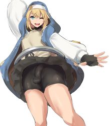  1boy arm_up bad_id bad_twitter_id bike_shorts black_gloves black_shorts black_skirt blonde_hair blue_eyes bridget_(guilty_gear) bulge clothes_lift covered_penis covered_testicles fingerless_gloves gloves guilty_gear guilty_gear_strive habit highres hood hooded_jacket jacket long_sleeves looking_at_viewer male_focus one_eye_closed open_clothes open_mouth shorts simple_background skirt skirt_lift smile solo teeth trap ubanis upper_teeth_only white_background 