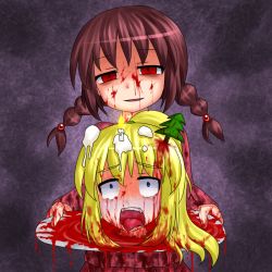  aosora_(mizore) blonde_hair blood blood_on_clothes blood_on_face braid brown_hair candle decapitated guro madotsuki poniko red_eyes skirt tray twin_braids twintails what yume_nikki  rating:Sensitive score:45 user:Wille