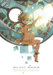  1girl ankle_cuffs anklet arm_up armband back bad_id bad_pixiv_id bandages barefoot blonde_hair blue_eyes braid dolphin headphones jewelry light_bulb long_hair looking_at_viewer looking_back mechanical_arms microphone midriff miniskirt musical_note original plant potted_plant shirt single_mechanical_arm sitting skirt smile solo steering_wheel twin_braids very_long_hair yumi_(yupopi) 