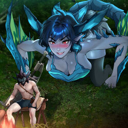  1boy 1girl abs all_fours azure_rathalos black_male_underwear black_thighhighs blue_hair blush boned_meat borrowed_character breasts colored_skin commentary cooking crossover dragon_girl dragon_horns dragon_tail english_commentary fire food fusion giant giantess grey_skin helmet highres horns imminent_pounce jude_(suoiresnu) large_breasts lips male_underwear meat monster_girl monster_hunter monster_hunter:_world monster_hunter_(character) monster_hunter_(series) muscular muscular_male nose_blush original personification pointy_ears red_eyes scales short_hair solo_focus stasis_mk3 tail teeth thighhighs topless_male underwear underwear_only 