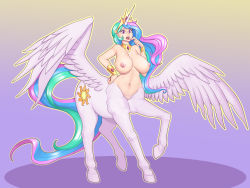  absurdres bracelet breasts celestia_(my_little_pony) centaur commission crown eyelashes gradient_background highres horn horns jewelry large_breasts long_hair monster_girl monsterification multicolored_hair my_little_pony my_little_pony:_friendship_is_magic nauth navel nipples open_mouth princess purple_eyes single_horn taur winged_unicorn wings  rating:Questionable score:37 user:Nauth