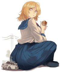 1girl ass black_footwear blonde_hair blue_sailor_collar blue_skirt breasts car character_request crumbs eating food from_behind giant giantess holding holding_food indian_style large_breasts looking_back looking_down motor_vehicle original pleated_skirt power_lines road sailor_collar school_uniform serafuku shirt shoes short_hair sitting skirt solo street utility_pole utopia white_shirt wreckage yellow_eyes rating:Sensitive score:32 user:danbooru
